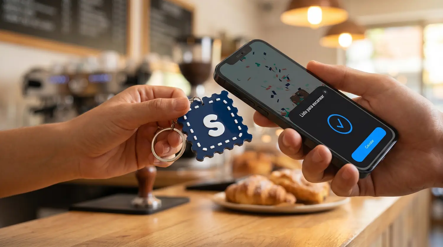 Un cliente acerca su teléfono al sello sobre el mostrador