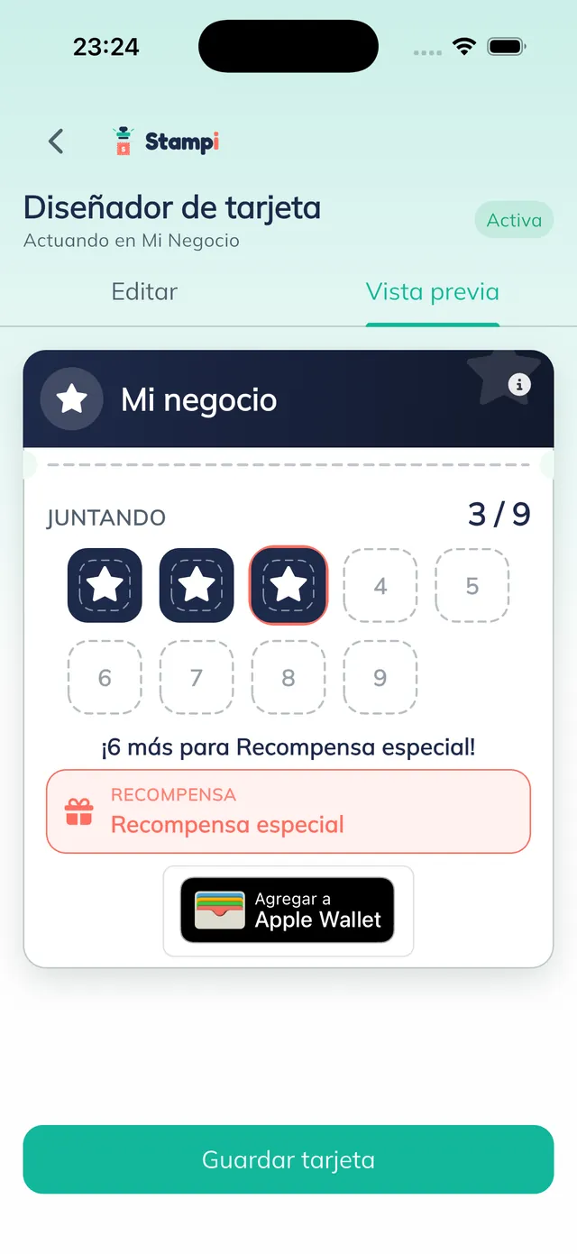 Vista previa de la tarjeta activa
