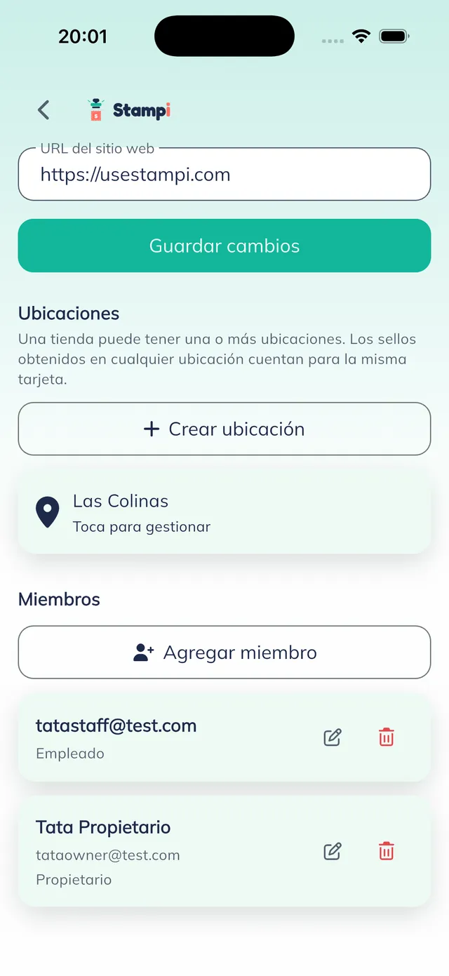 Sucursales y equipo del negocio