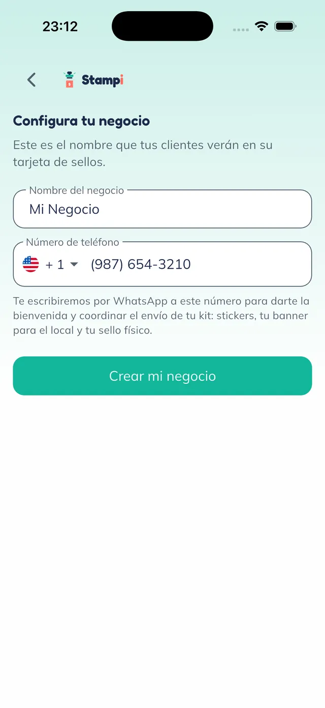 Pantalla para configurar el negocio: nombre y WhatsApp
