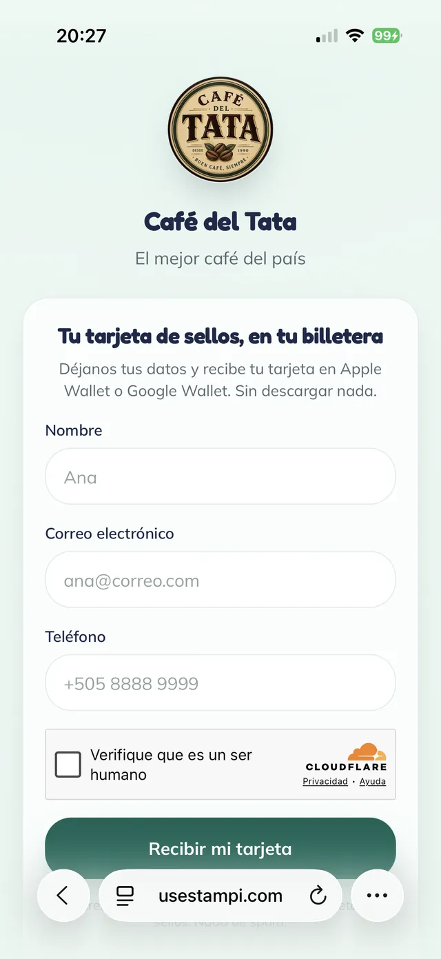 Formulario web para recibir la tarjeta