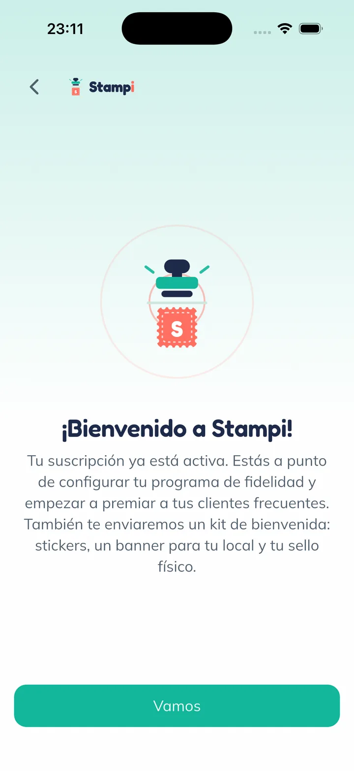 Pantalla de bienvenida de la app Stampi en un teléfono