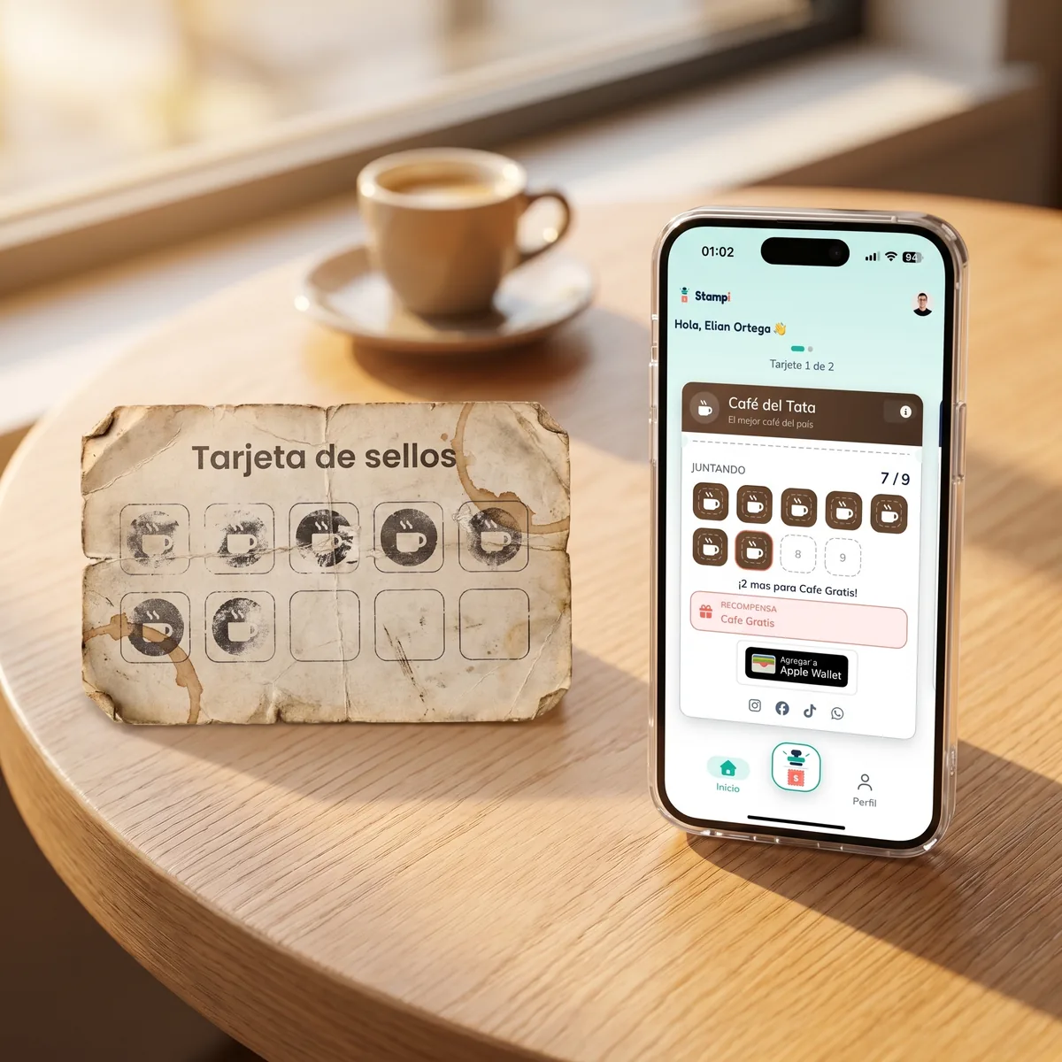 Una tarjeta de sellos de papel, gastada y manchada de café, junto a la app de Stampi mostrando la misma tarjeta digital, limpia y siempre a la mano en el teléfono.