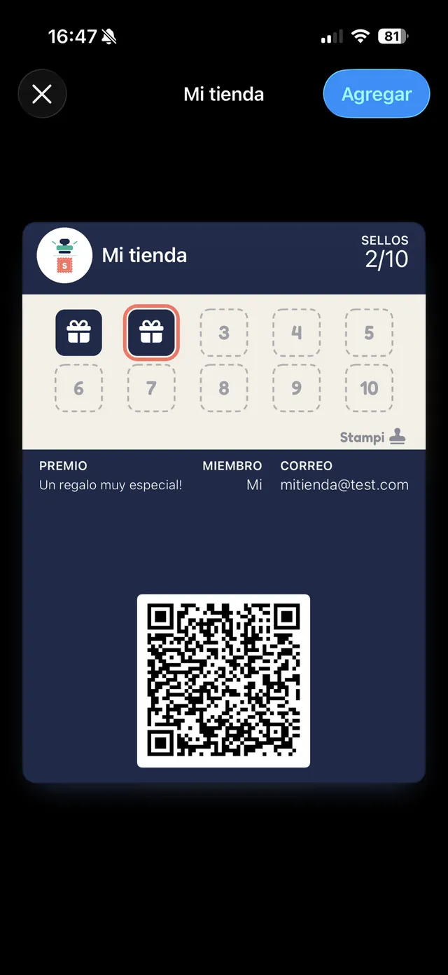 Hoja del sistema de iOS para agregar un pase a Apple Wallet, con la vista previa de la tarjeta y el botón "Agregar" arriba a la derecha.