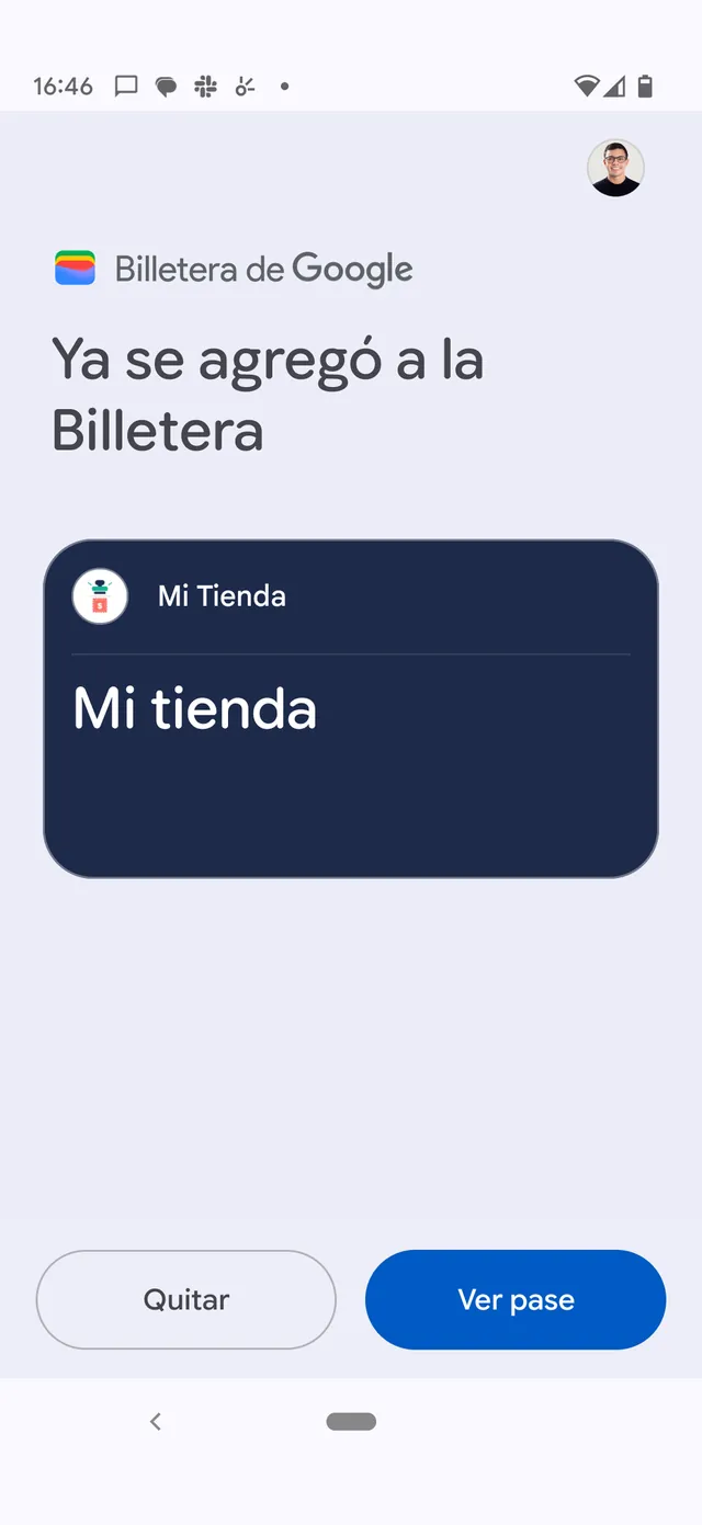Pantalla de "Billetera de Google" en un teléfono Android que dice "Ya se agregó a la Billetera", con la tarjeta "Mi Tienda" y los botones "Quitar" y "Ver pase".
