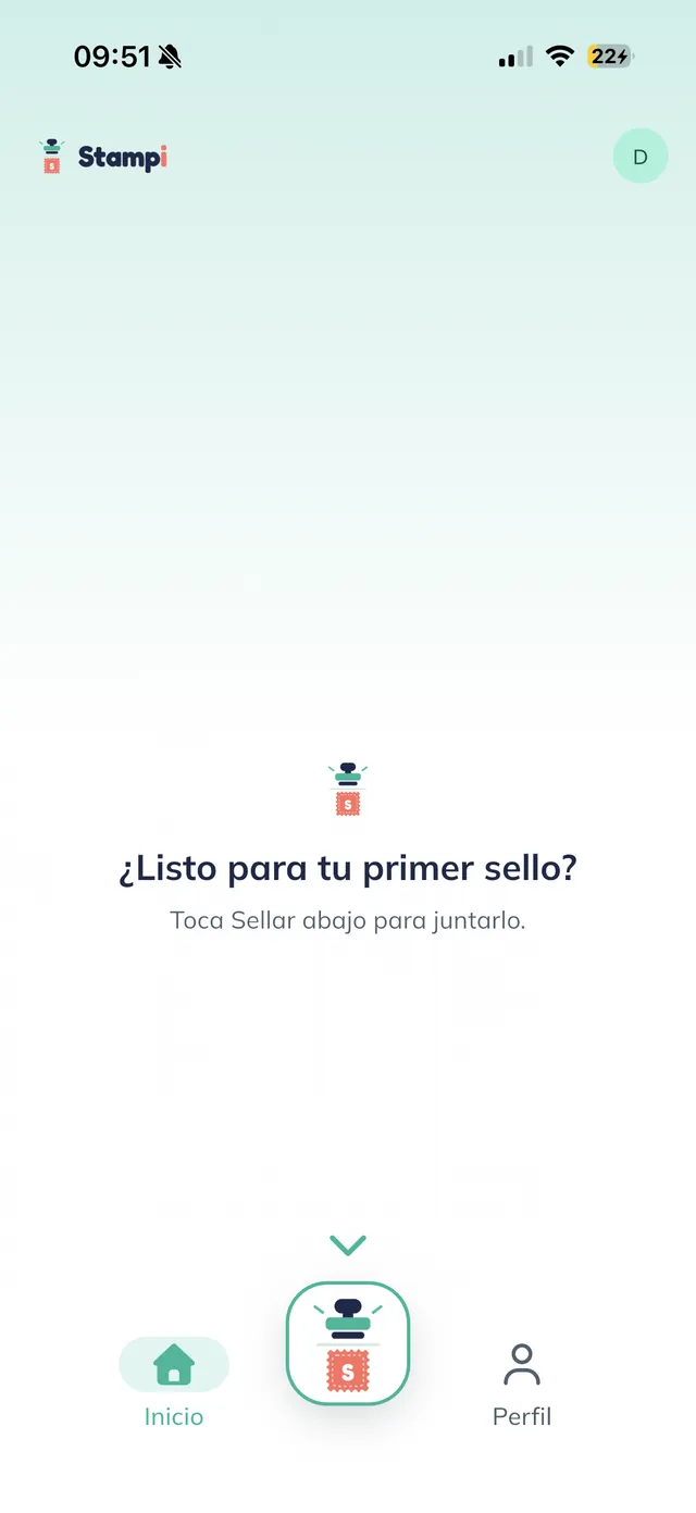 Pantalla de inicio del cliente con el mensaje "¿Listo para tu primer sello?" y la barra inferior Inicio, sello y Perfil.