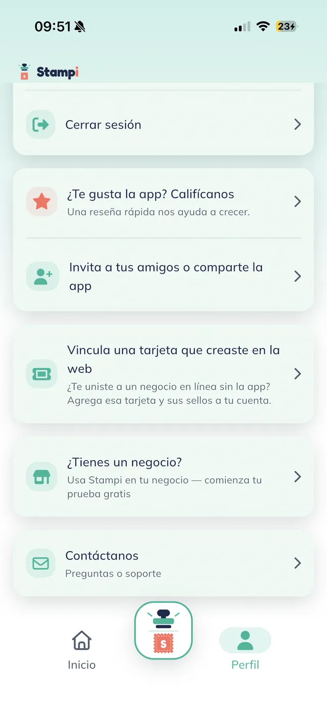 Pantalla de Perfil con varias filas, entre ellas la fila "¿Tienes un negocio?" con el texto "Usa Stampi en tu negocio".
