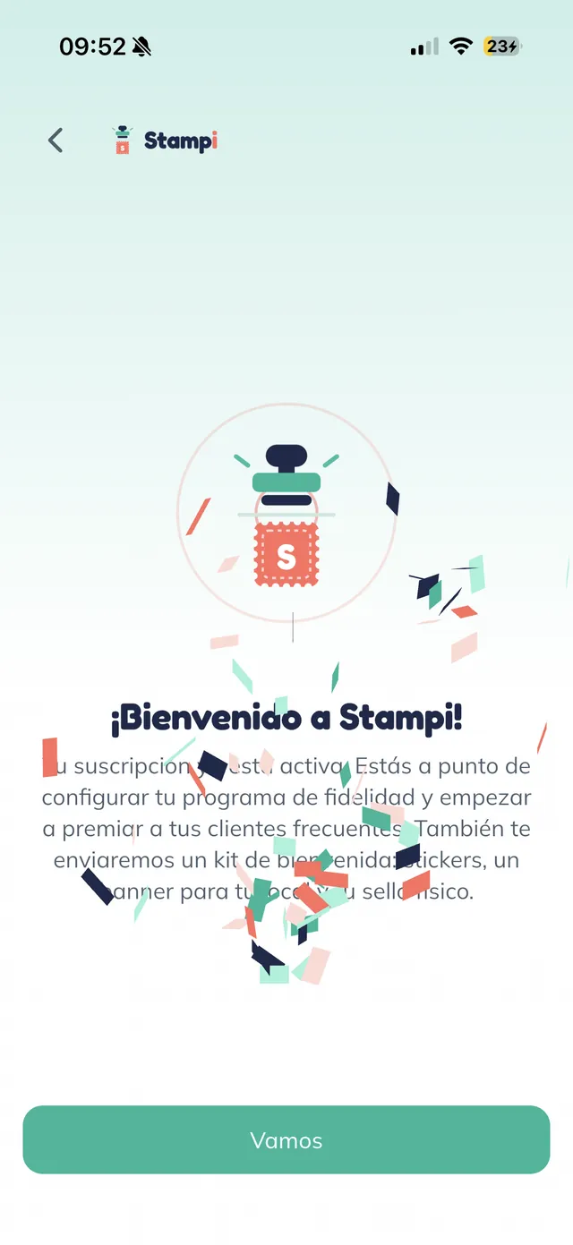 Pantalla de bienvenida "¡Bienvenido a Stampi!" con confeti y el botón "Vamos".