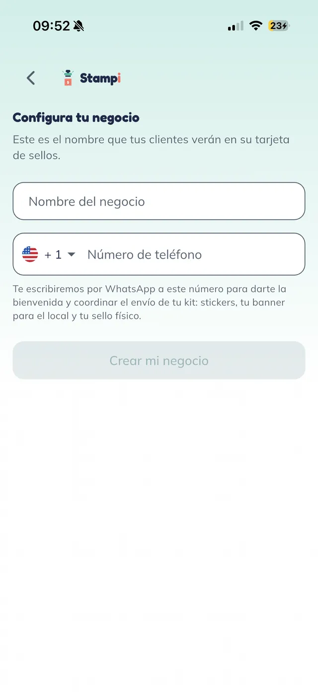 Formulario "Configura tu negocio" vacío, con los campos Nombre del negocio y Número de teléfono y el botón "Crear mi negocio" desactivado.