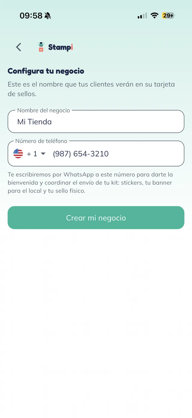 El mismo formulario ya lleno con el nombre del negocio y el número de WhatsApp, y el botón "Crear mi negocio" activo.