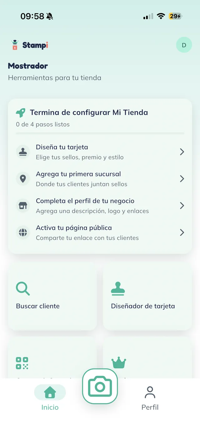 Pantalla Mostrador del negocio, "Mostrador · Herramientas para tu tienda", con la tarjeta de configuración "Termina de configurar Mi Tienda · 0 de 4 pasos listos" y sus cuatro filas.