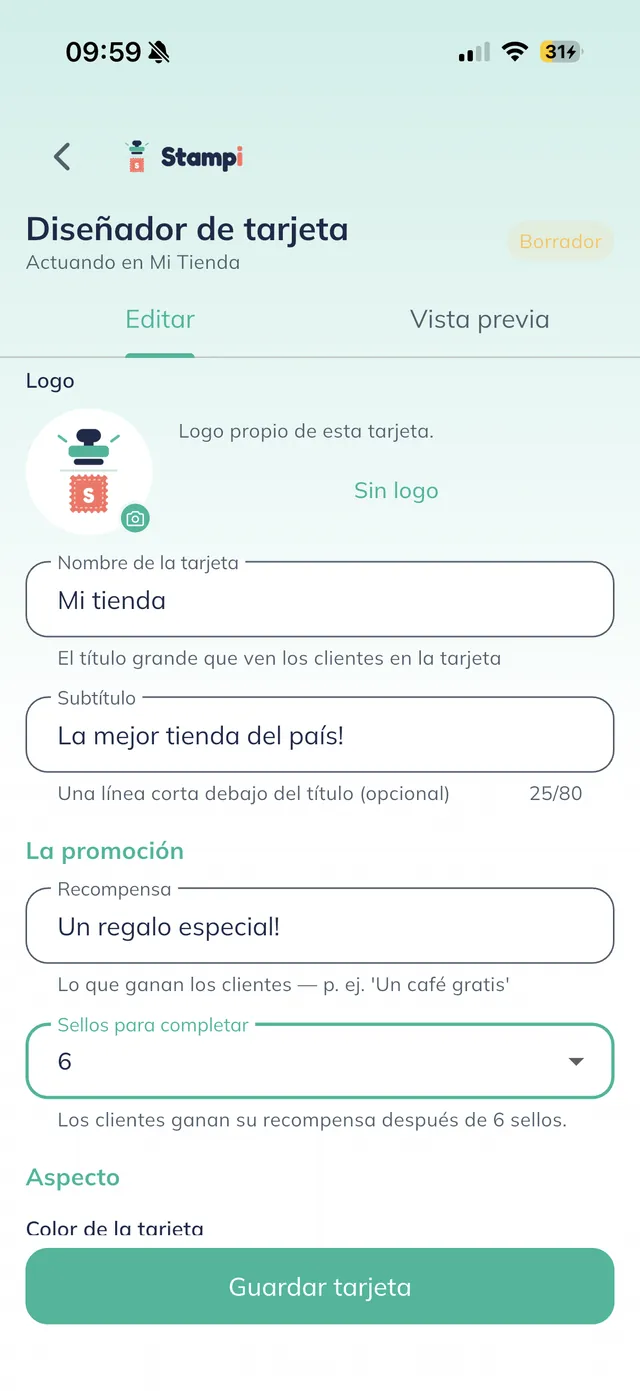 Diseñador con la Identidad llena: Nombre de la tarjeta y Subtítulo, y la sección "La promoción" con la Recompensa y los Sellos para completar en 6.