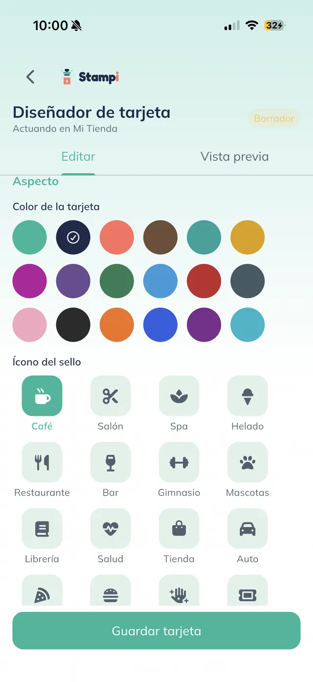 Sección "Aspecto" con la paleta de colores de la tarjeta y la cuadrícula de íconos del sello.
