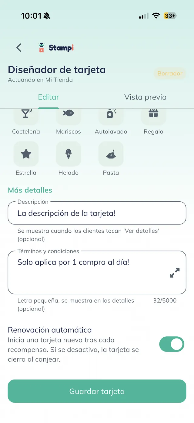Sección "Más detalles" con Descripción, Términos y condiciones y el interruptor de Renovación automática.