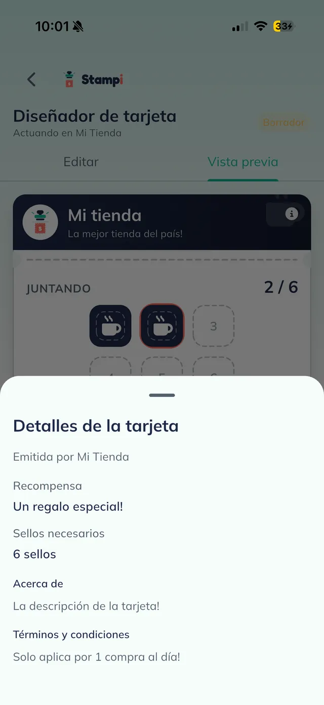 Hoja "Detalles de la tarjeta" abierta desde el control de información, con el negocio emisor, la recompensa, los sellos necesarios, la descripción y los términos.
