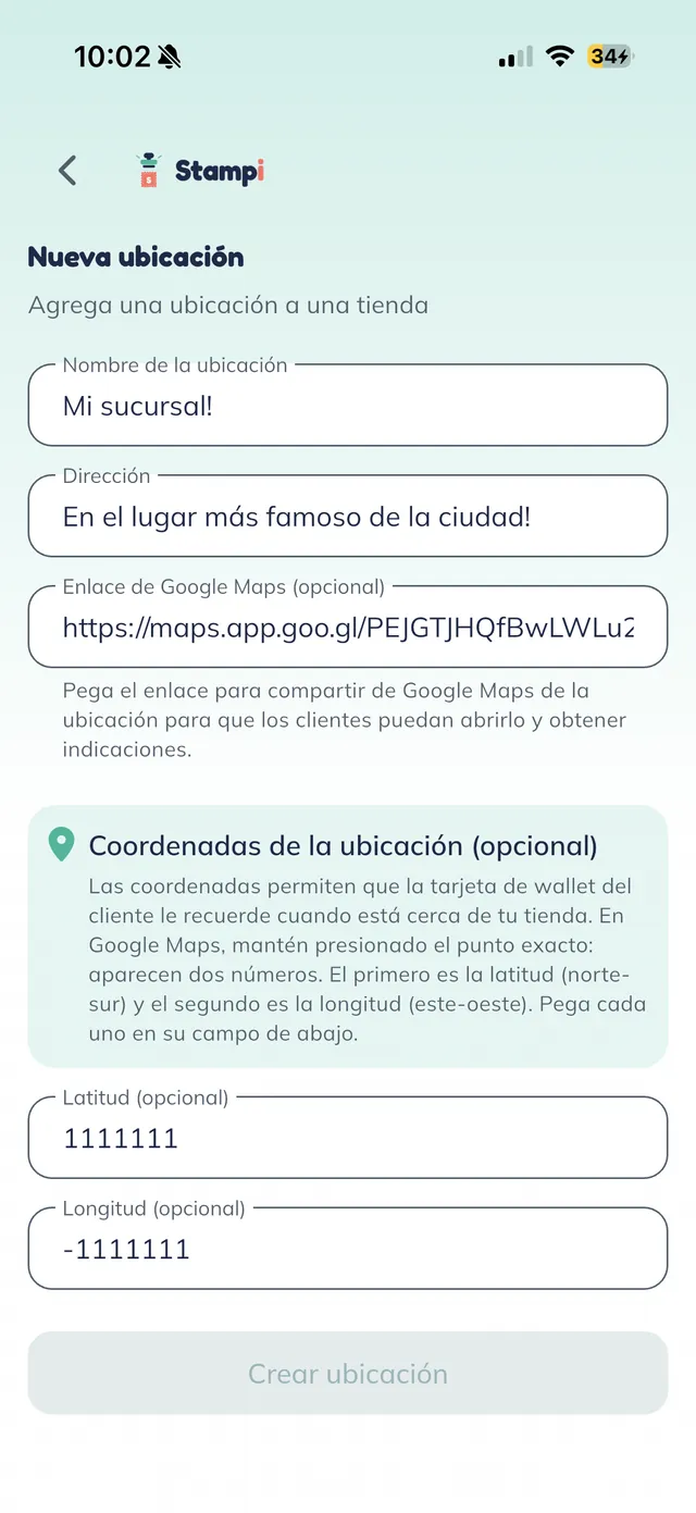 Formulario "Nueva ubicación" con Nombre de la ubicación, Dirección, Enlace de Google Maps y Coordenadas de la ubicación (Latitud y Longitud).