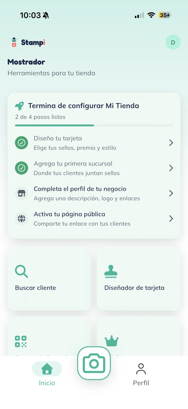 Pantalla Mostrador del negocio con "2 de 4 pasos" y la fila de la sucursal palomeada.