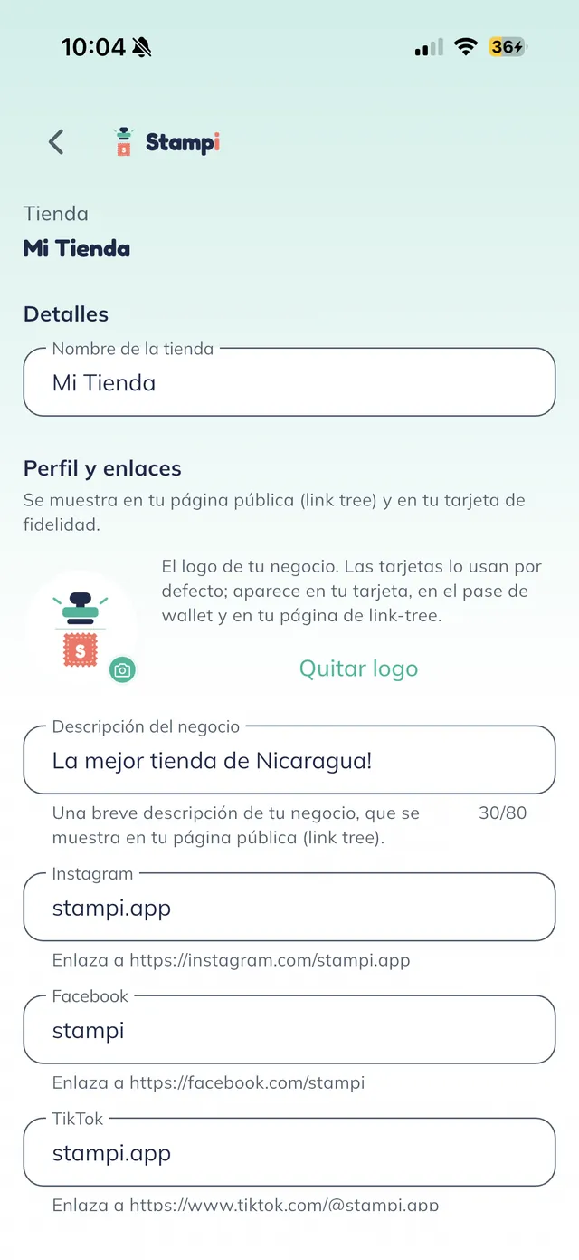 Perfil del negocio "Mi Tienda" con el nombre, el logo y el inicio de la sección "Perfil y enlaces".