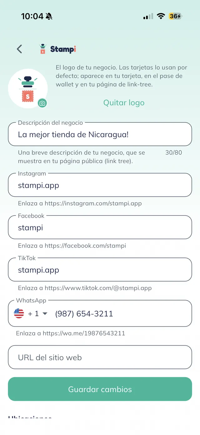 Sección de enlaces con Descripción, Instagram, Facebook, TikTok, WhatsApp y sitio web, y el botón "Guardar cambios".