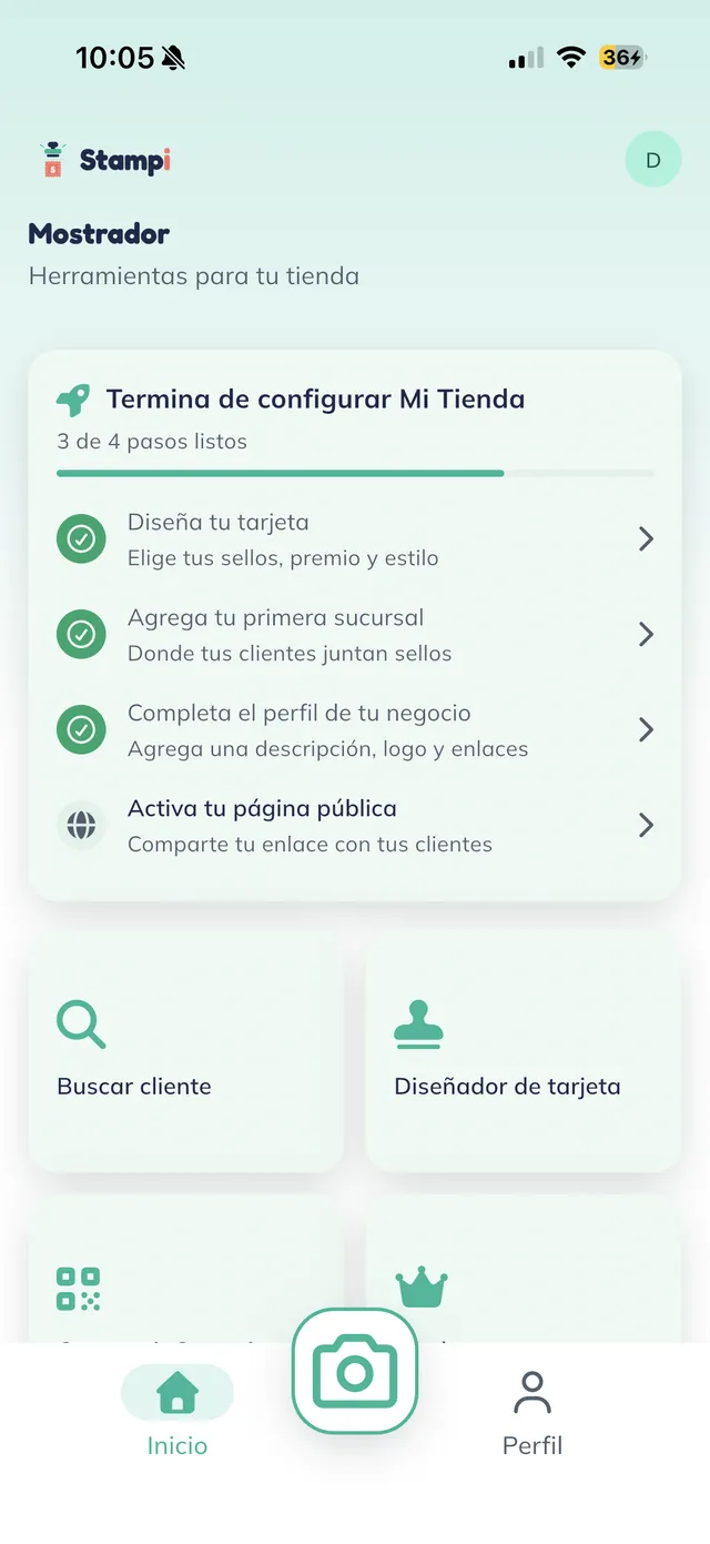Pantalla Mostrador del negocio con "3 de 4 pasos" y la fila del perfil palomeada.