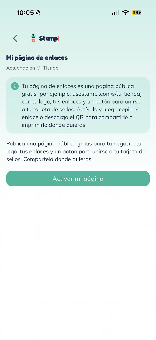 Pantalla "Mi página de enlaces" que ofrece una página pública gratis con logo, enlaces y un botón para unirse a la tarjeta, y el botón "Activar mi página".
