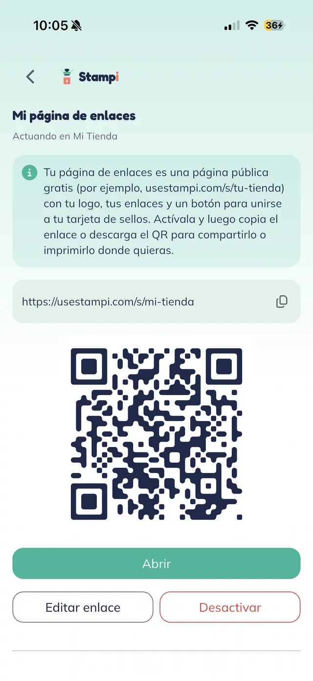 Página activa con la URL "usestampi.com/s/mi-tienda", un botón para copiar, un código QR y las opciones Abrir, Editar enlace y Desactivar.