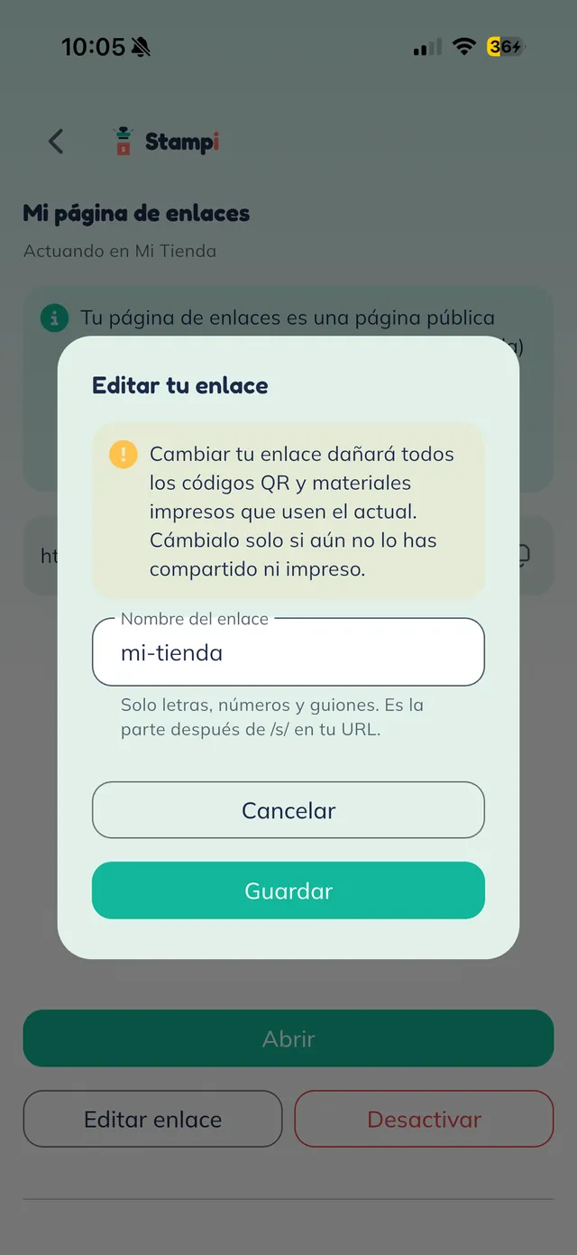 Diálogo "Editar tu enlace" con un aviso sobre romper los códigos QR, el campo "Nombre del enlace" y los botones Cancelar y Guardar.