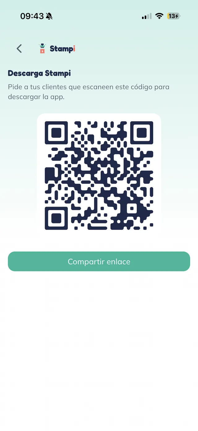 Pantalla "Descarga Stampi" con un código QR de descarga y un botón "Compartir enlace".