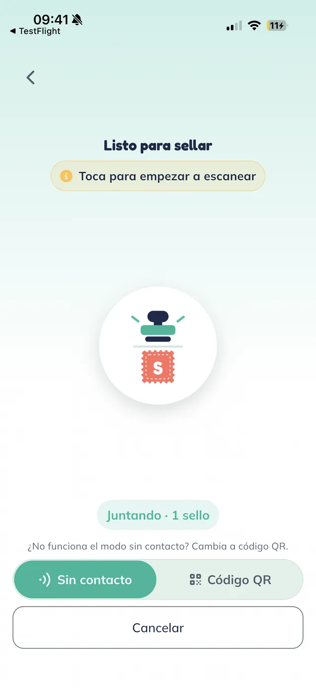 Pantalla "Listo para sellar · Toca para empezar a escanear" con un interruptor entre "Sin contacto" y "Código QR".